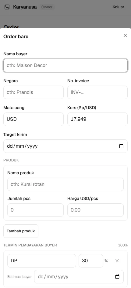 Form order baru dengan produk dan termin pembayaran buyer